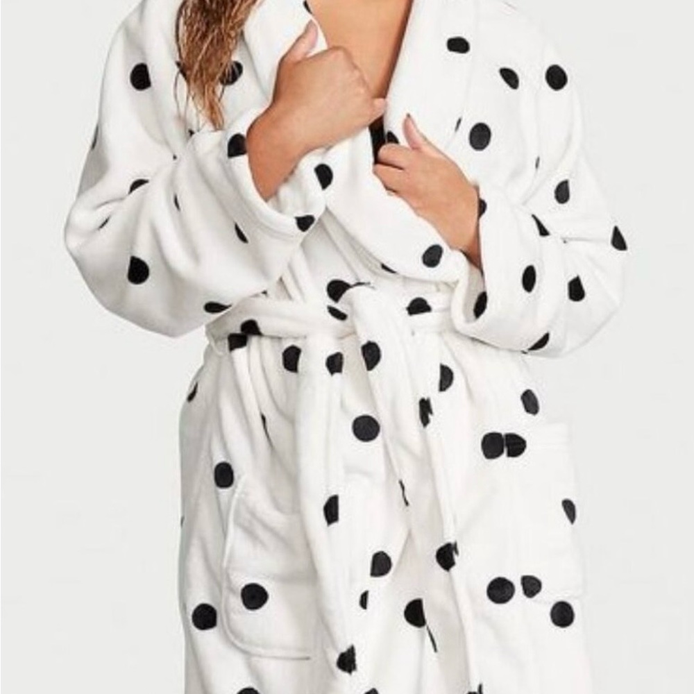 Victoria's Secret White Fleece Robe with Black Polka Dots